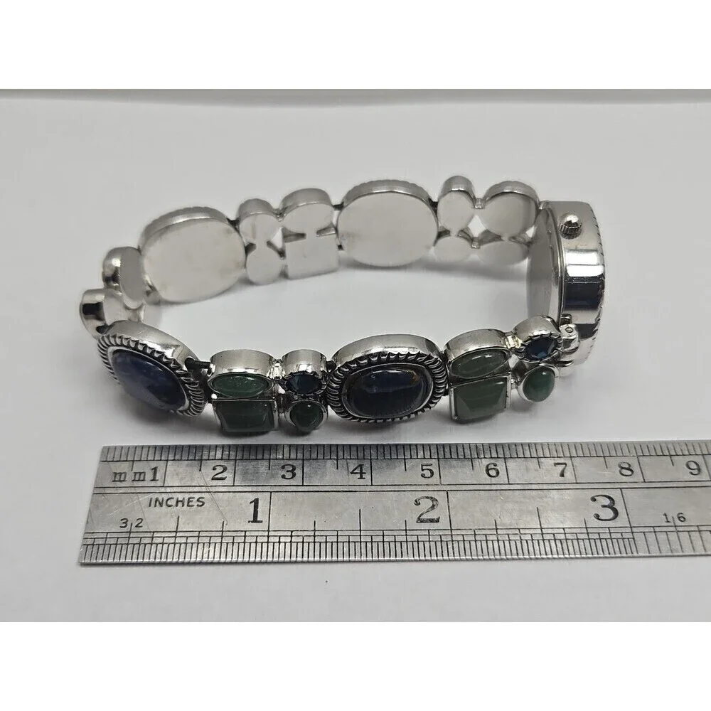 Novelle Gemstone Bracelet Watch Aventurine Blue Cabochon Silver Tone New Battery